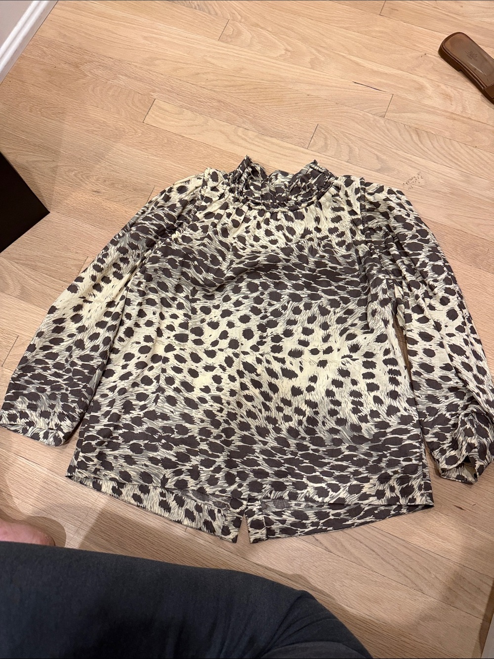 Sea Cream and Black Leopard-Print Long-Sleeve Blouse